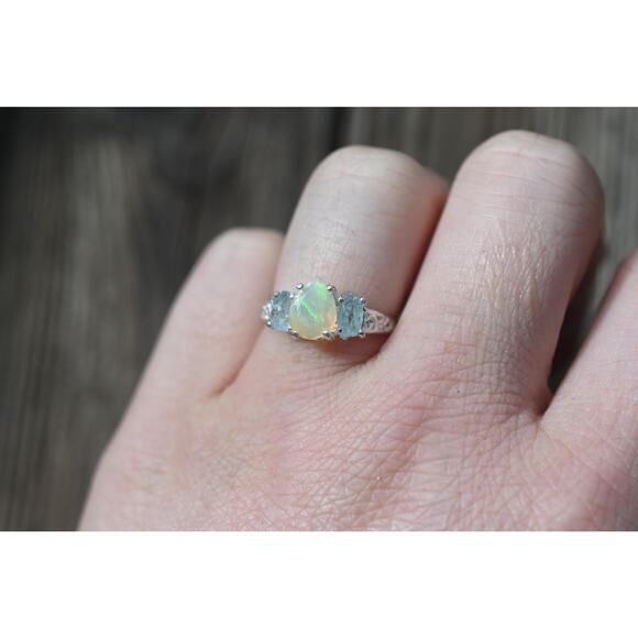 Aquamarine and opal engagement ring sterling silver size 3 4 5 6 7 8 9 10 11 12 - Picture 3 of 7